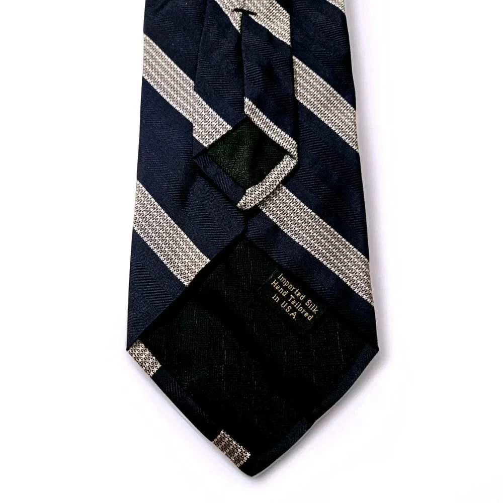 Ferrell Reed‎ Mens Silk Tie Navy Blue Silver Gold Striped Hand Tailored USA Made